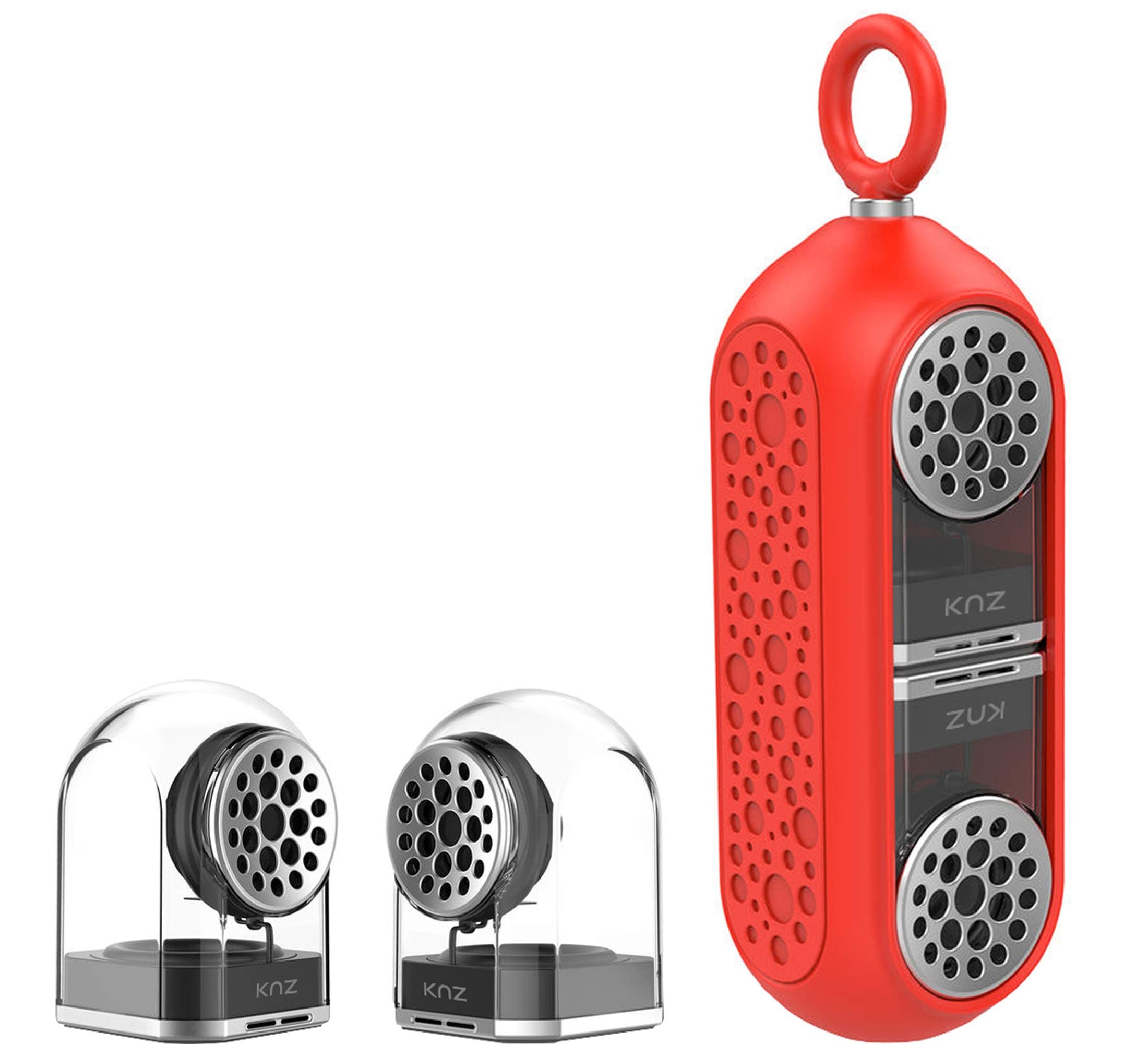 KNZ GoDuo Portable Bluetooth True Wireless Speakers with Magnetic Connectable Base, L/R Stereo Sound and Bass, Water and Shock Resistant, 18 Hr Playtime, Built-in Mic, Protective Carrying Case (Red)