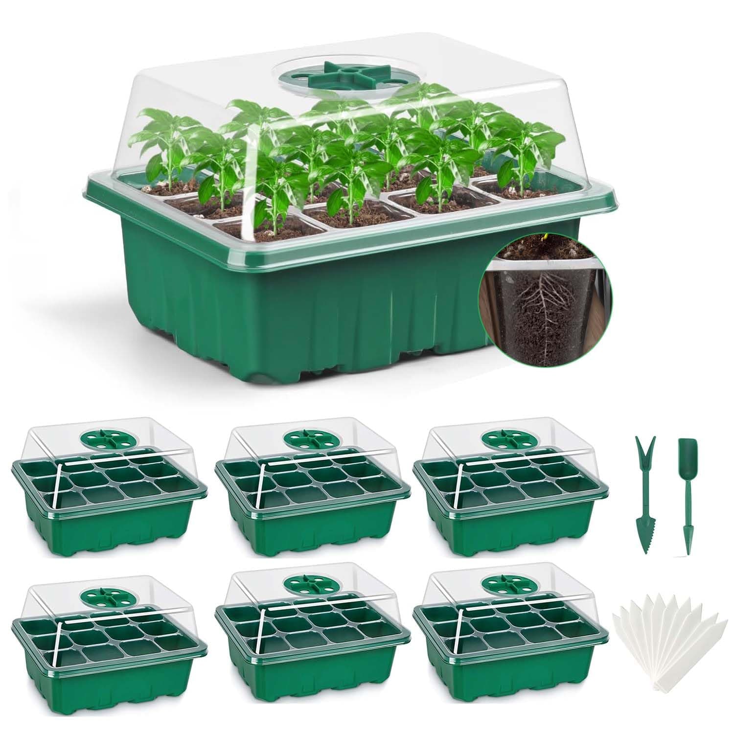 Seed Trays, 6 Pack 72 Cells Propagator Thicken Reusable With Lids for Seedlings, Plant Germination Kit for Greenhouse & Garden, Green