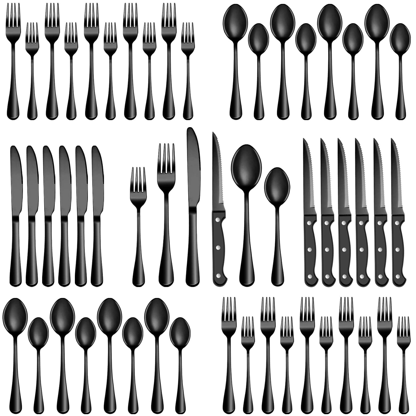 72 Pcs Black Silverware Set with Steak Knives, Stainless Steel Flatware Cutlery Set Service for 12, Kitchen Tableware Set, Utensil Set for Home and Restaurant, Knives Forks Spoon Set, Dishwasher Safe