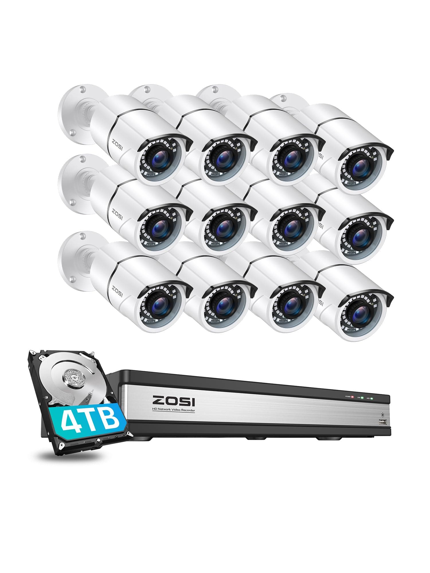 ZOSI H.265+ 1080p 16 Channel Home Security Camera System, 16CH DVR with AI Human Vehicle Detect, 12 x 1080p Surveillance Camera Outdoor, 120ft Night Vision, 105°Wide Angle, Remote Access, 4TB HDD