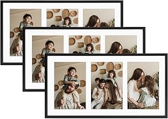 Golden State Art, 4x6 Aluminum Collage Frame, Display 6x4 Pictures With 3 Openings Mat or One 7x14 Photo, Real Glass, Portrait/Landscape Wall Display, Black, 3 Pack