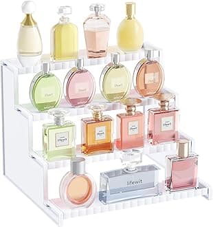 Lifewit 4 Tier White Display Risers Stand, Plastic Perfume Organizer Cologne Display Stand, for Makeups, Figures, Cupcake, Dessert, Spice, Fragrance, Countertop, Vanity, Dresser, 1 Pack