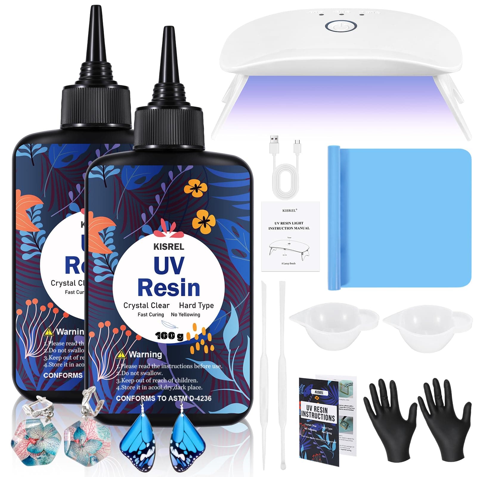 KISREL UV Resin Kit with Light - 200g Hard Type Crystal Clear UV Resin, 8 Lamp Beads UV Light, Jewelry Making