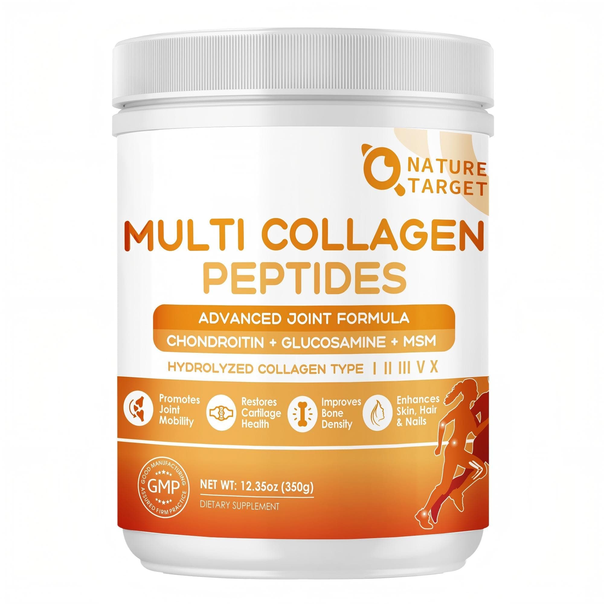NATURE TARGET Multi-Collagen-Peptides-Powder for Joint Support, Hydrolyzed Collagen for Women Men with MSM + GC, Type I II III V X Collagen for Skin Hair & Nail, Non-GMO, 35 Servings