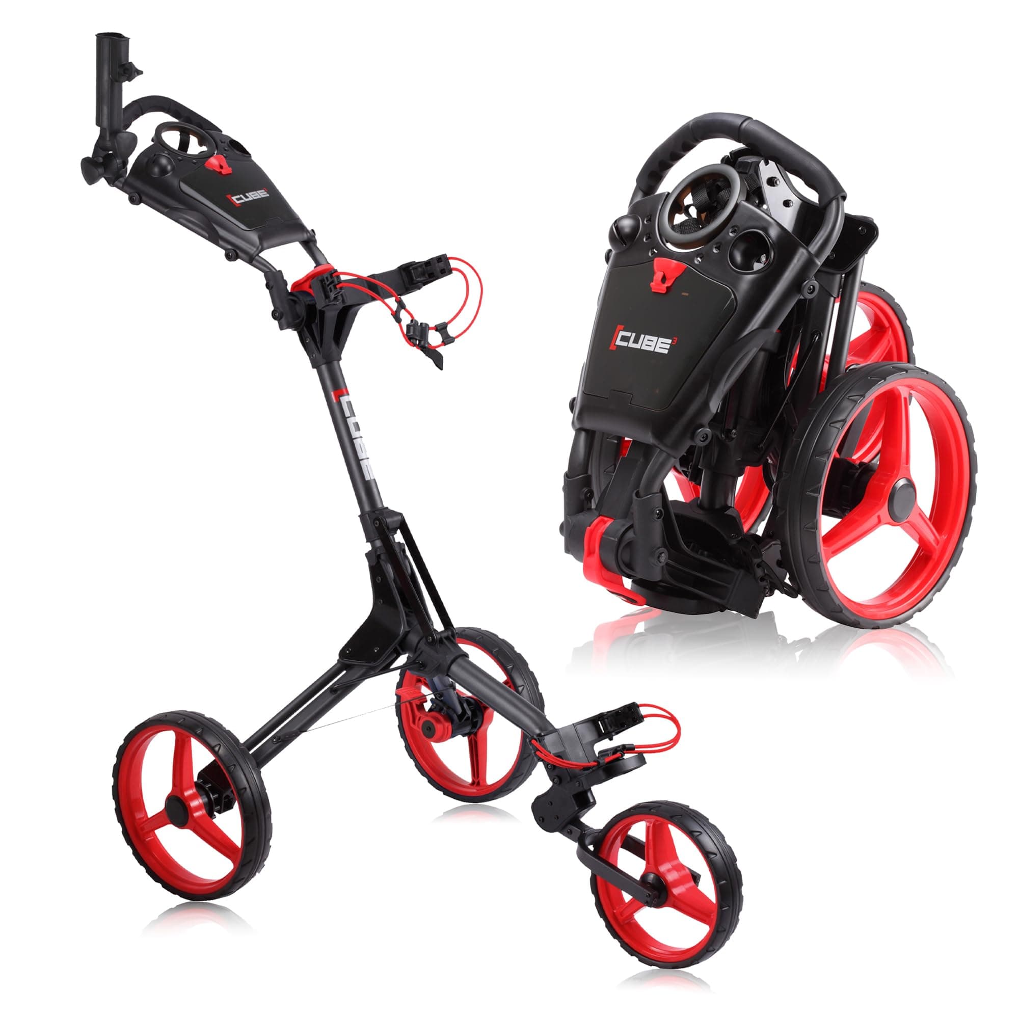 CUBE CART 3-Wheel Golf Push Cart – Ultra-Compact 14.5 lb Folding Golf Trolley, Two-Step Fold, Adjustable Handle, Foot Brake, Umbrella Holder & Built-in Storage