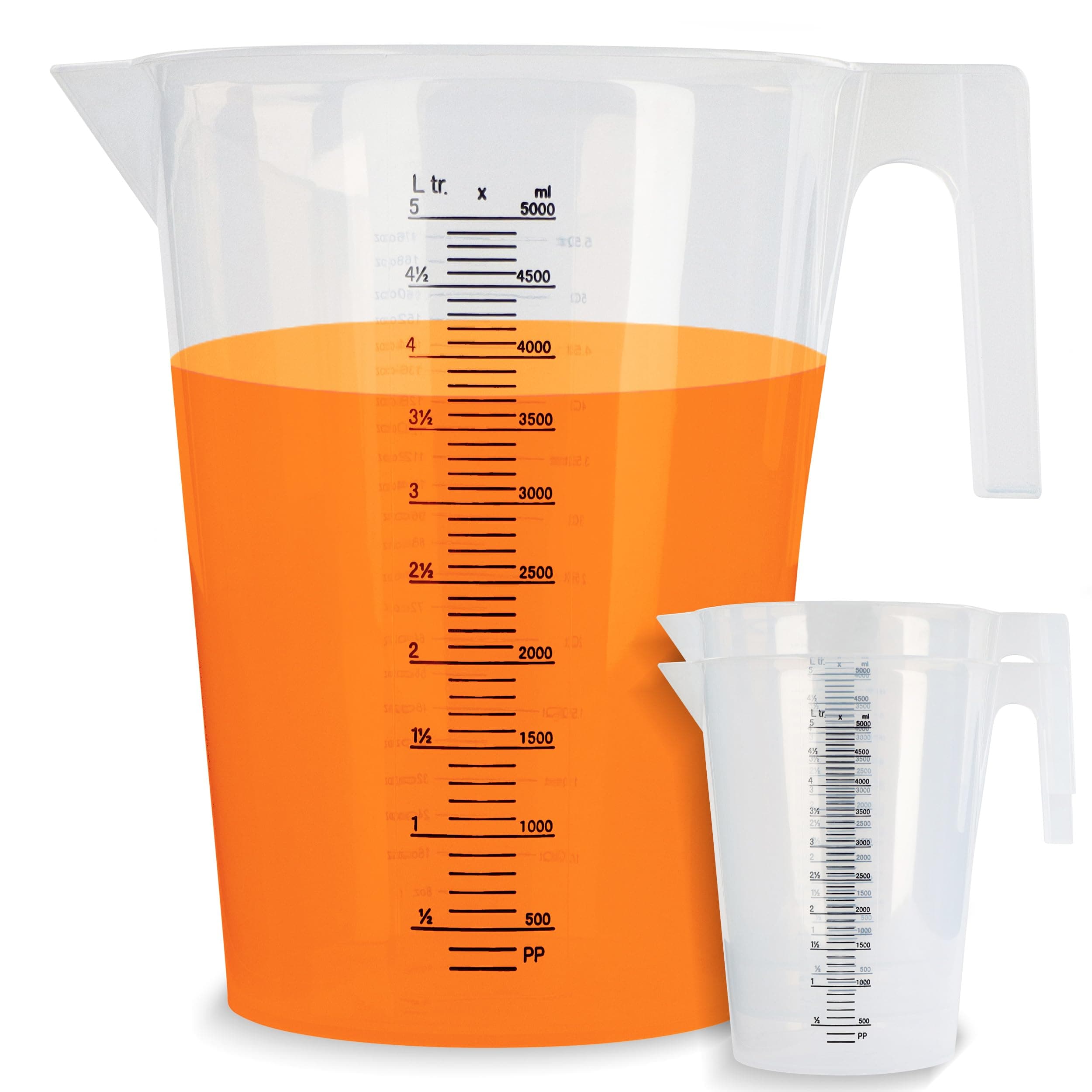 Large Plastic Measuring Pitcher 3-Pack - 5 Liter Measuring Container with Measurements Mixing Pitcher for Paint Motor Oil Fluids Pool Chemicals