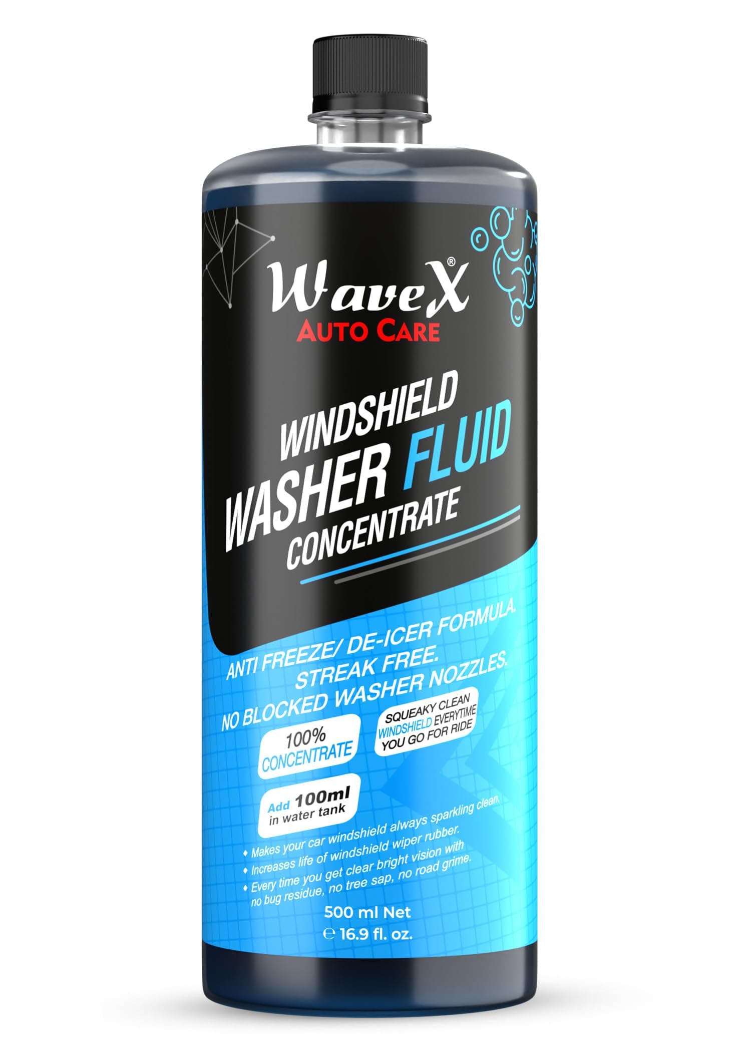 Wavex Windshield Washer Fluid for Car 500ml | Car Windshield Cleaner Add 20ml in Windshield Tank | Streak-Free, Crystal Clear Finish with Car Wiper Liquid