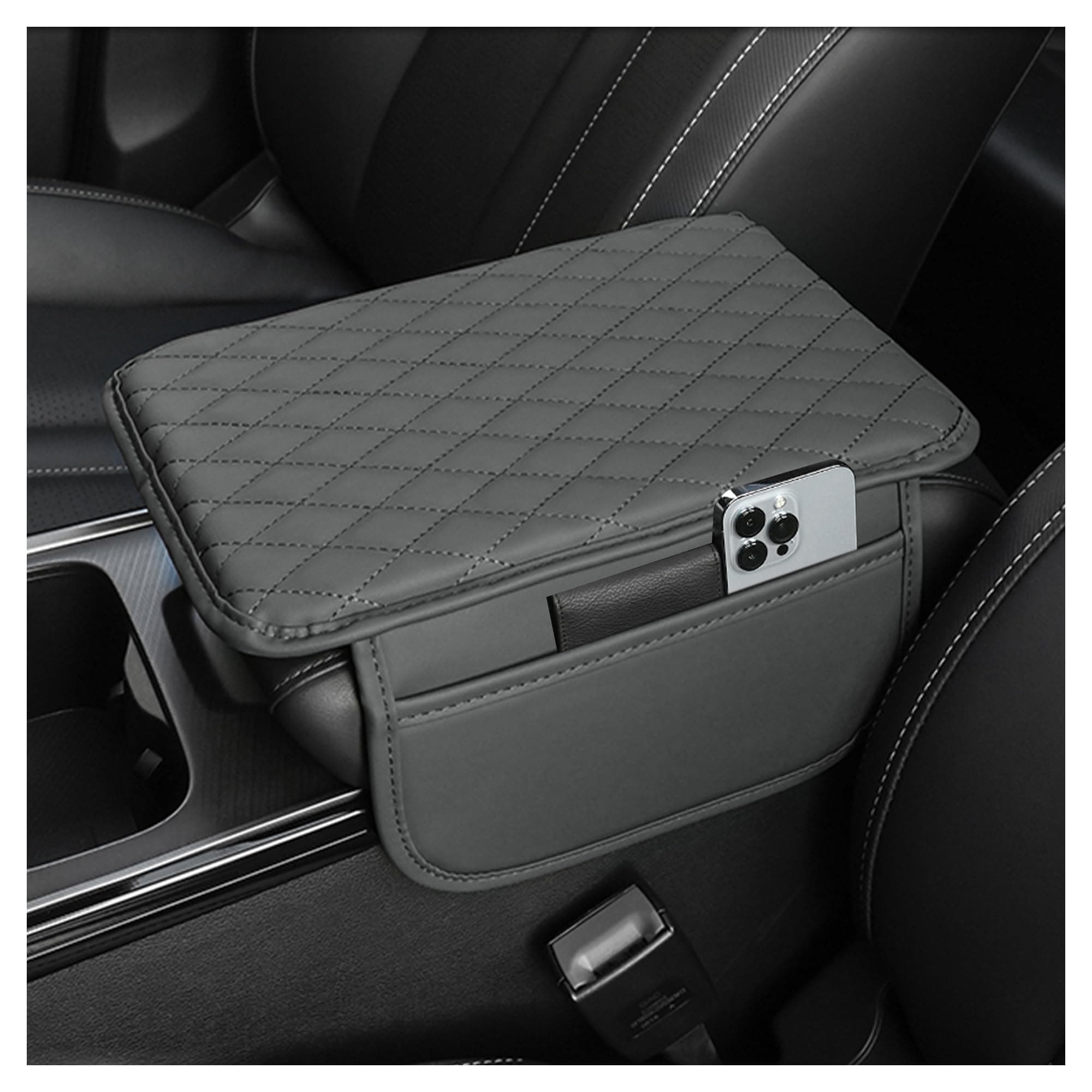 Upgraded Center Console Cover, Microfiber Leather Armrest Cover Cushion With 2 Storage Bags, Universal Car Armrest Storage Box Interior Accessories for Most Vehicles (Gray)