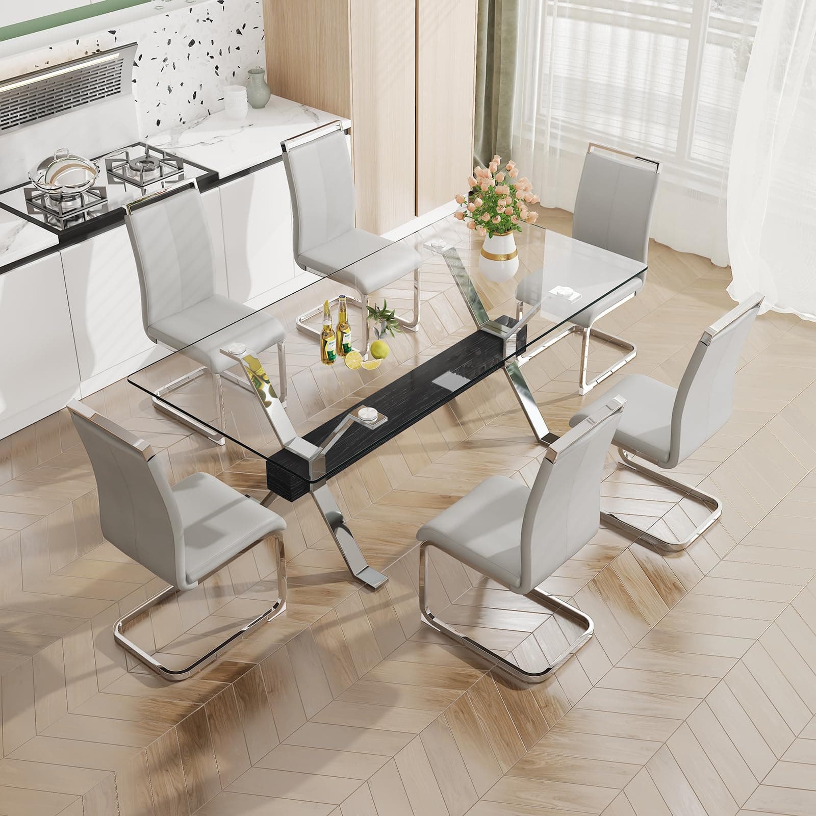 Pvillez Glass Dining Table Set for 6, 7 Piece Dining Room Table Set, 78" Modern Large Glass Kitchen&Dining Room Table w/Silver Metal Legs & Black MDF Crossbars & 6 Light Grey PU Leather Dining Chairs