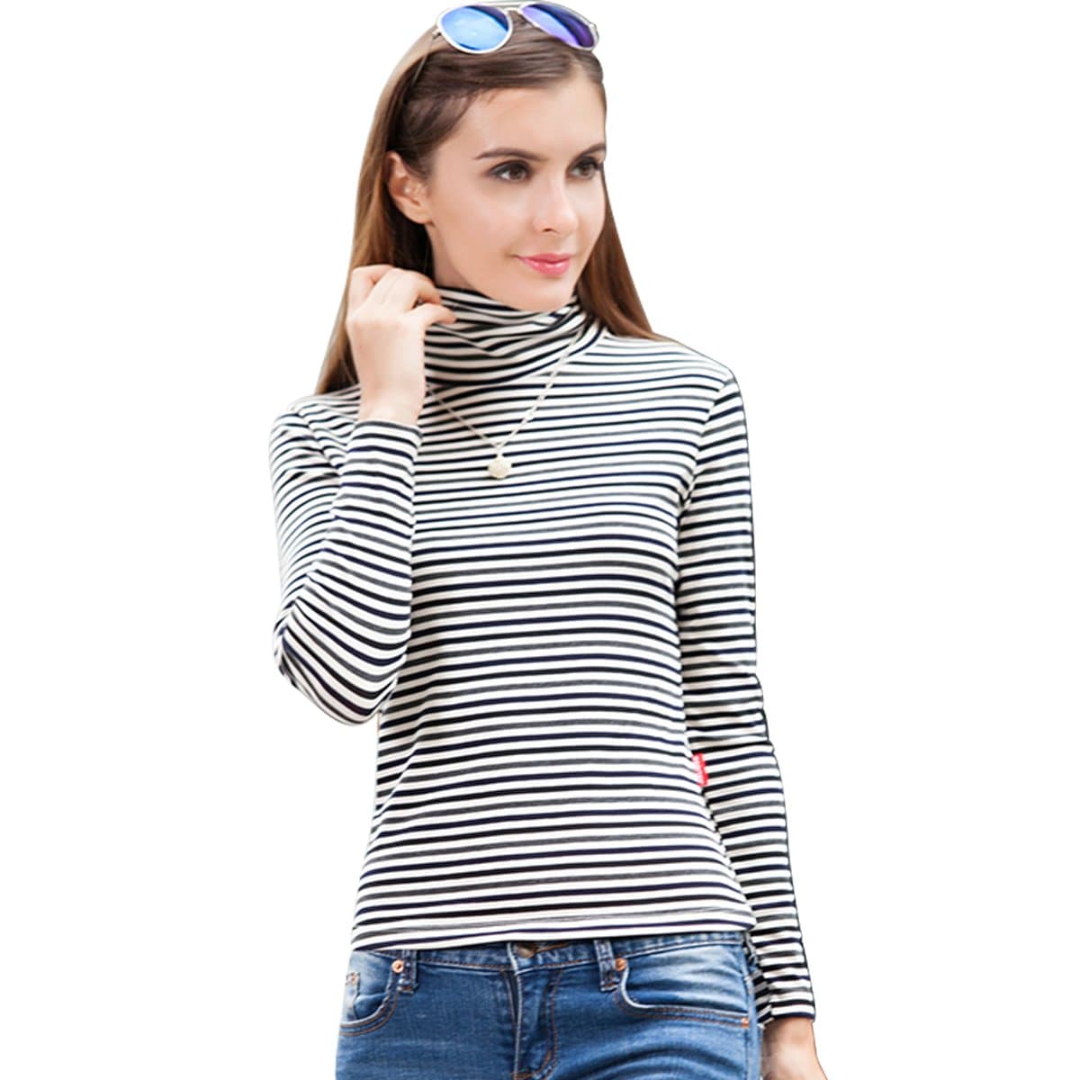 FCHG Women's Stripe Casual High Collar Long Sleeve Slim Pullover T-shirt Blackwhite Large