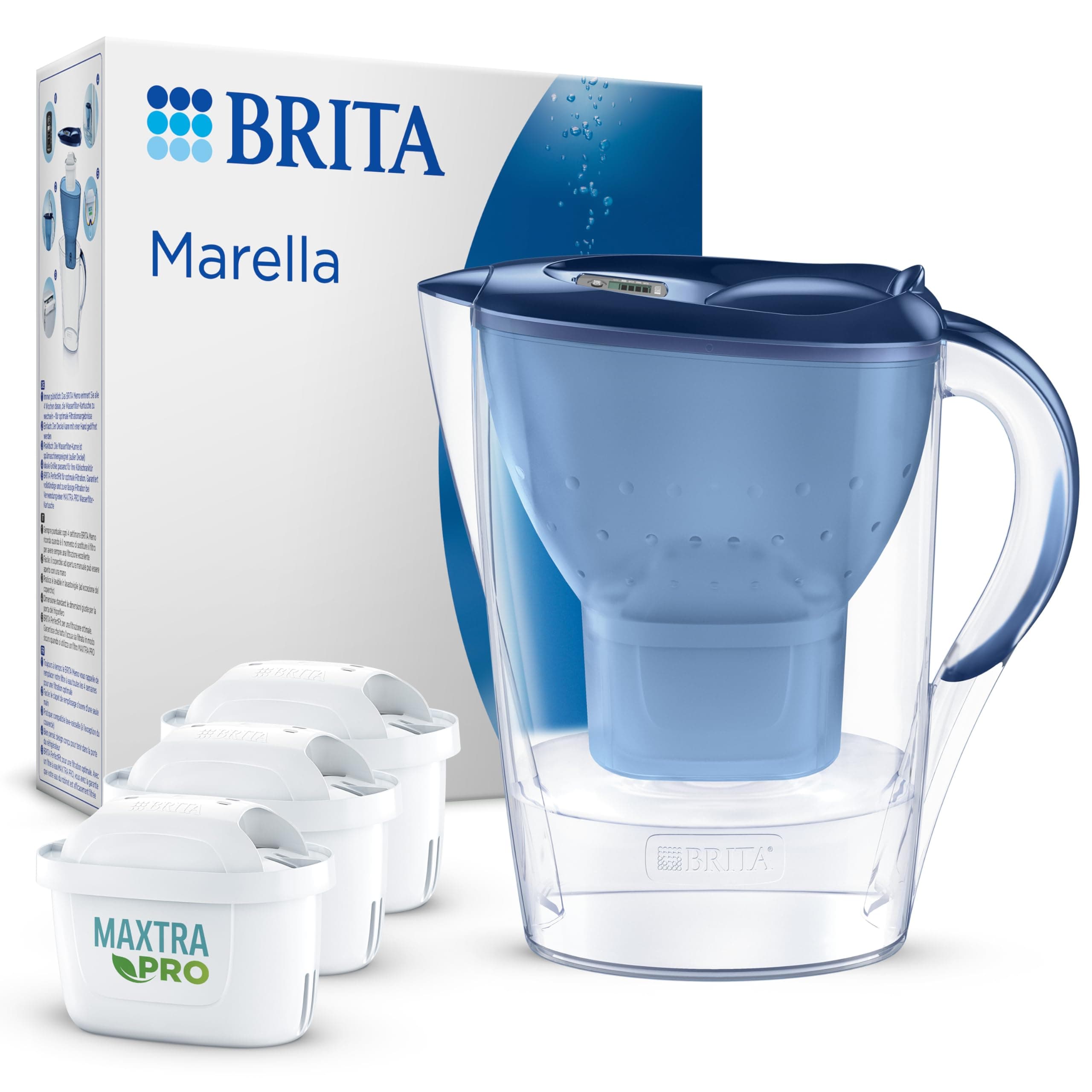 Marella Blue Water Filter Jug (2.4L) incl. 3 x Brita MAXTRA PRO All-in-1 Filters that Reduces Chlorine, Limestone, PFAS and Metals - Elegance and Functionality