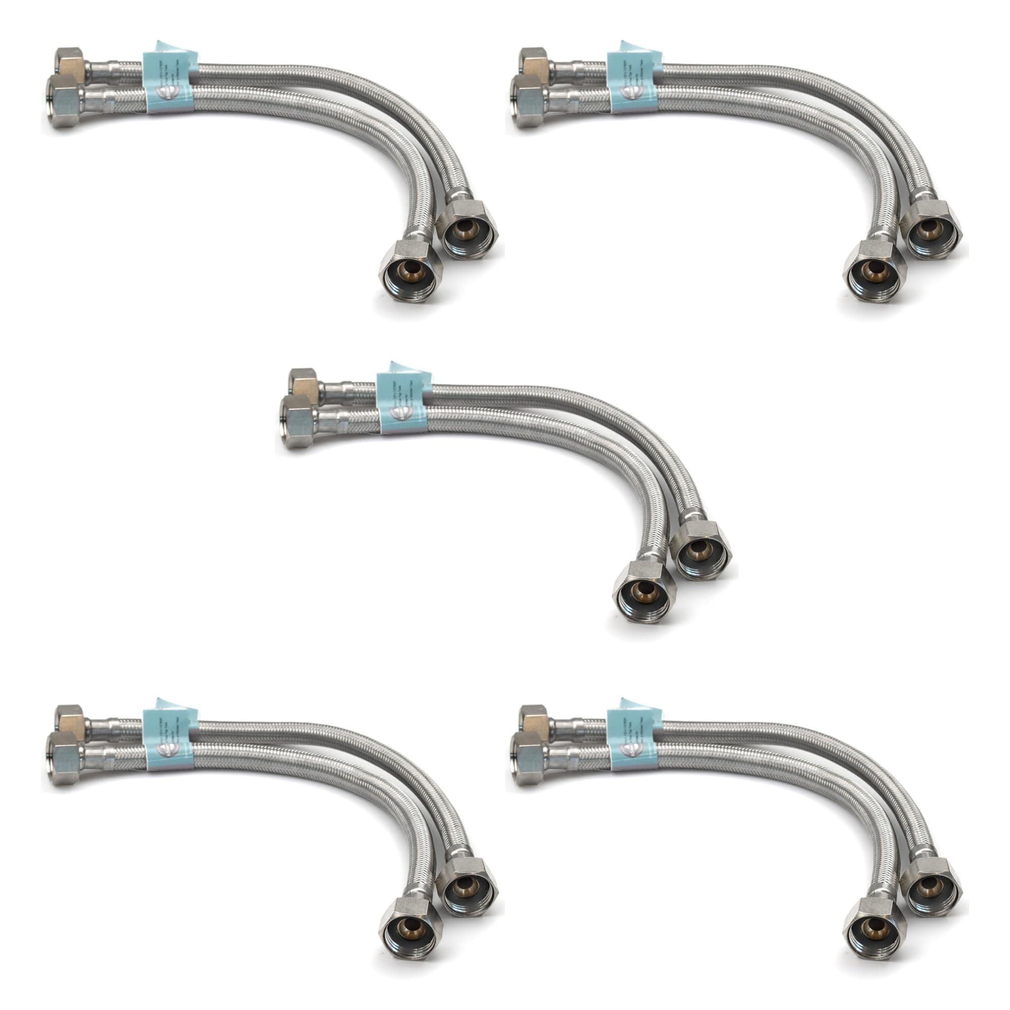 Flexible Hose Pipe 5 Pairs, 1/2" x 1/2" BSP 300mm Stainless Steel Flexi Pipes, Rust-Free Corrosion Resistant Monobloc Tap Connector, Replacement for Kitchen Sink & Bathroom Basin