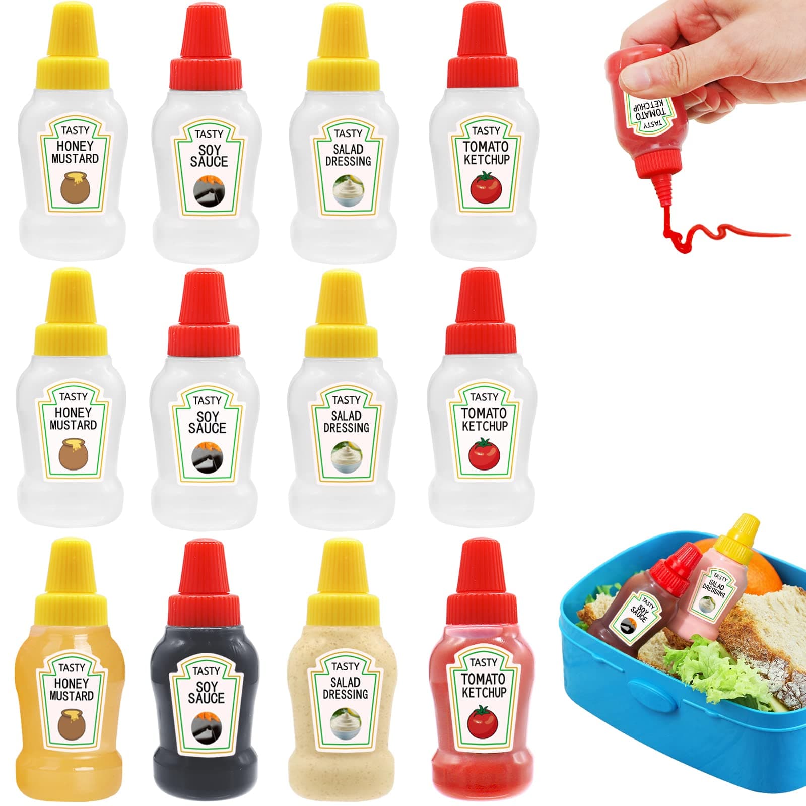 12 Pcs Mini Ketchup Bottles,25ml Condiment Squeeze Bottles,Plastic Sauce Container for Kids,Office,Bento Box,Picnic,Honey,Salad Dressing