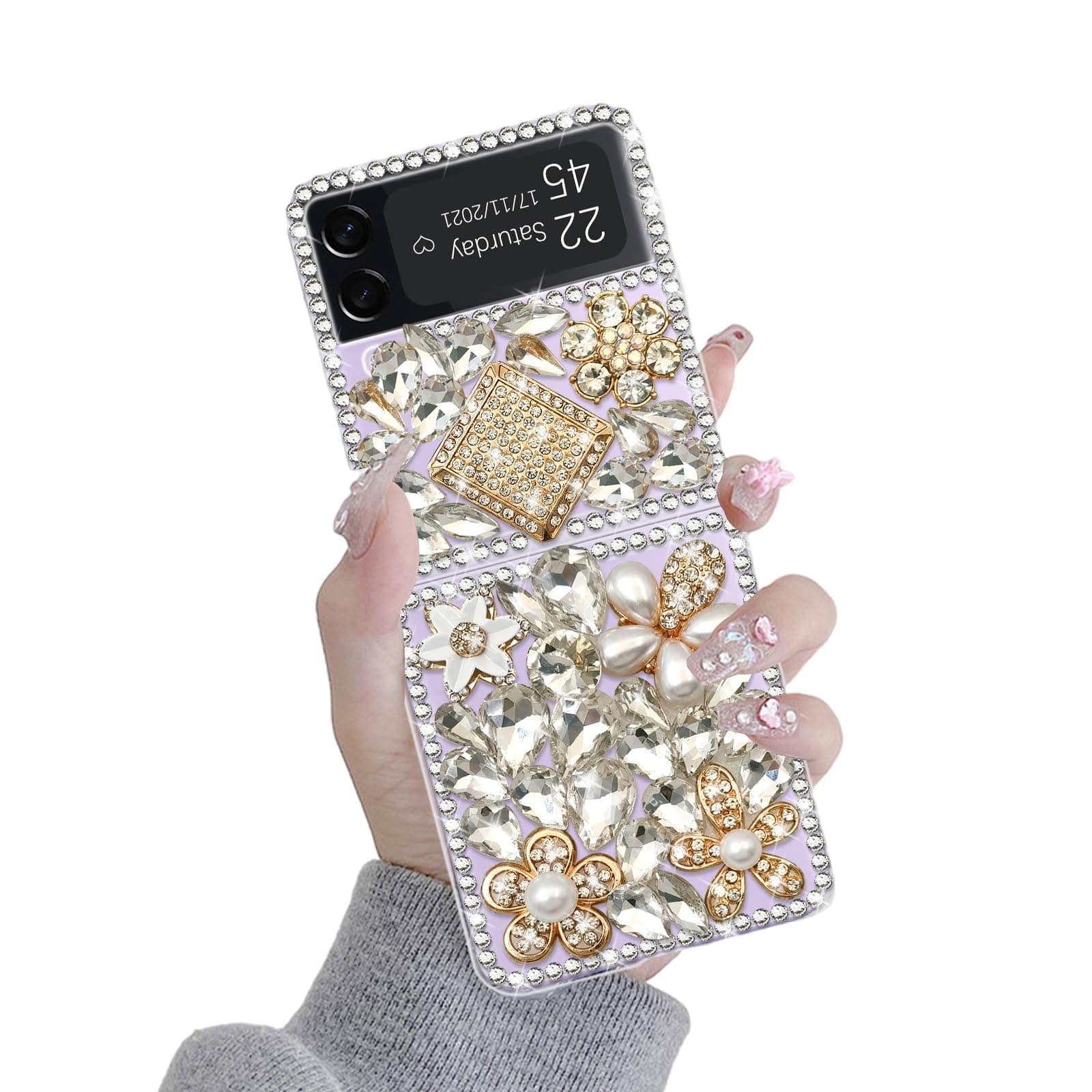 Omio for Galaxy Z Flip 4 5G Case, 3D Handmade Sparkle Stunning Stones Crystal Diamond Bling Glitter Hard PC Phone Cover for Women Girls, White