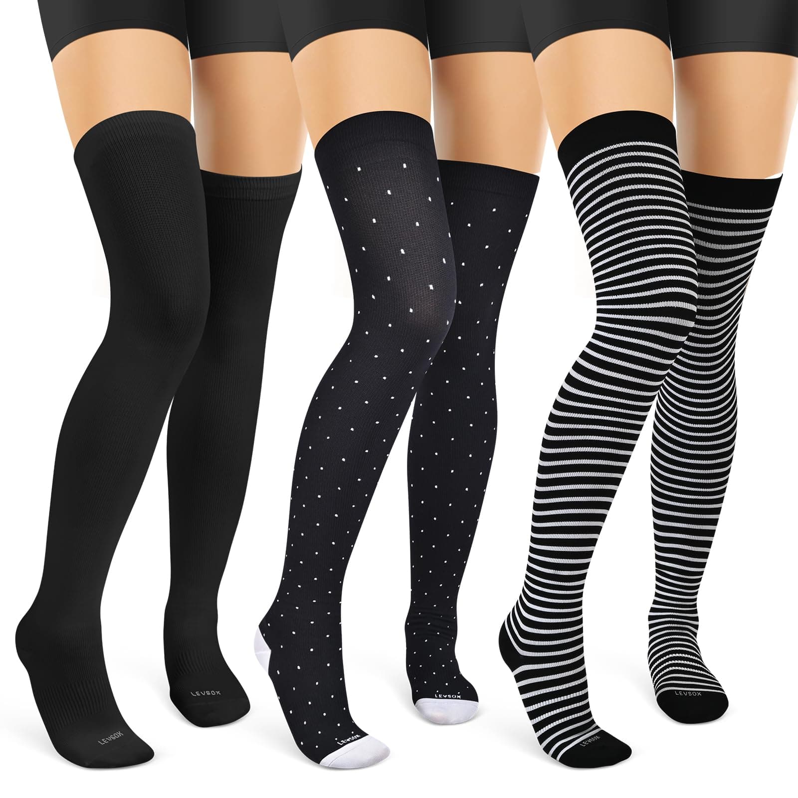 LEVSOX Thigh High Compression Socks for Women 15-20 mmHg Over the Knee Compression Stockings for Men 3 Pair