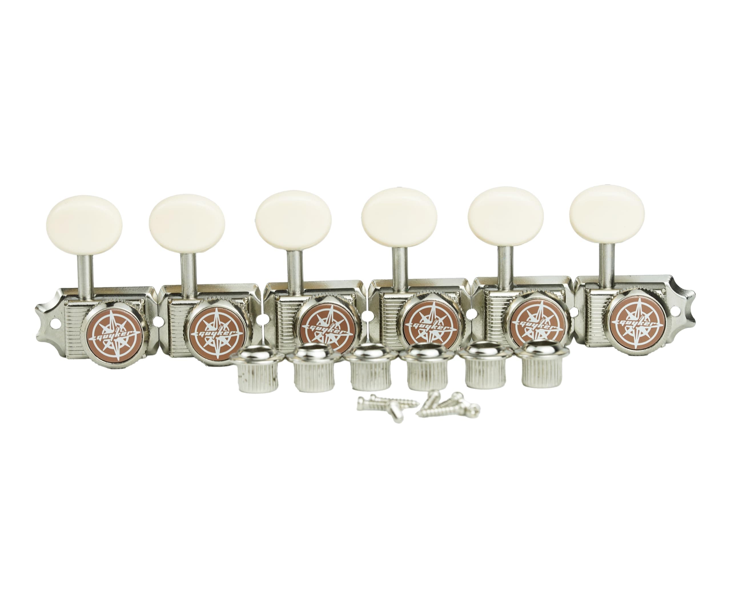 Guyker 6 Inline Vintage Guitar Lock String Tuners – Locking Tuning Key Pegs Machine Heads Replacement Parts for ST TL Style Electric, Folk or Acoustic Guitars – Nickel, Cream Handle