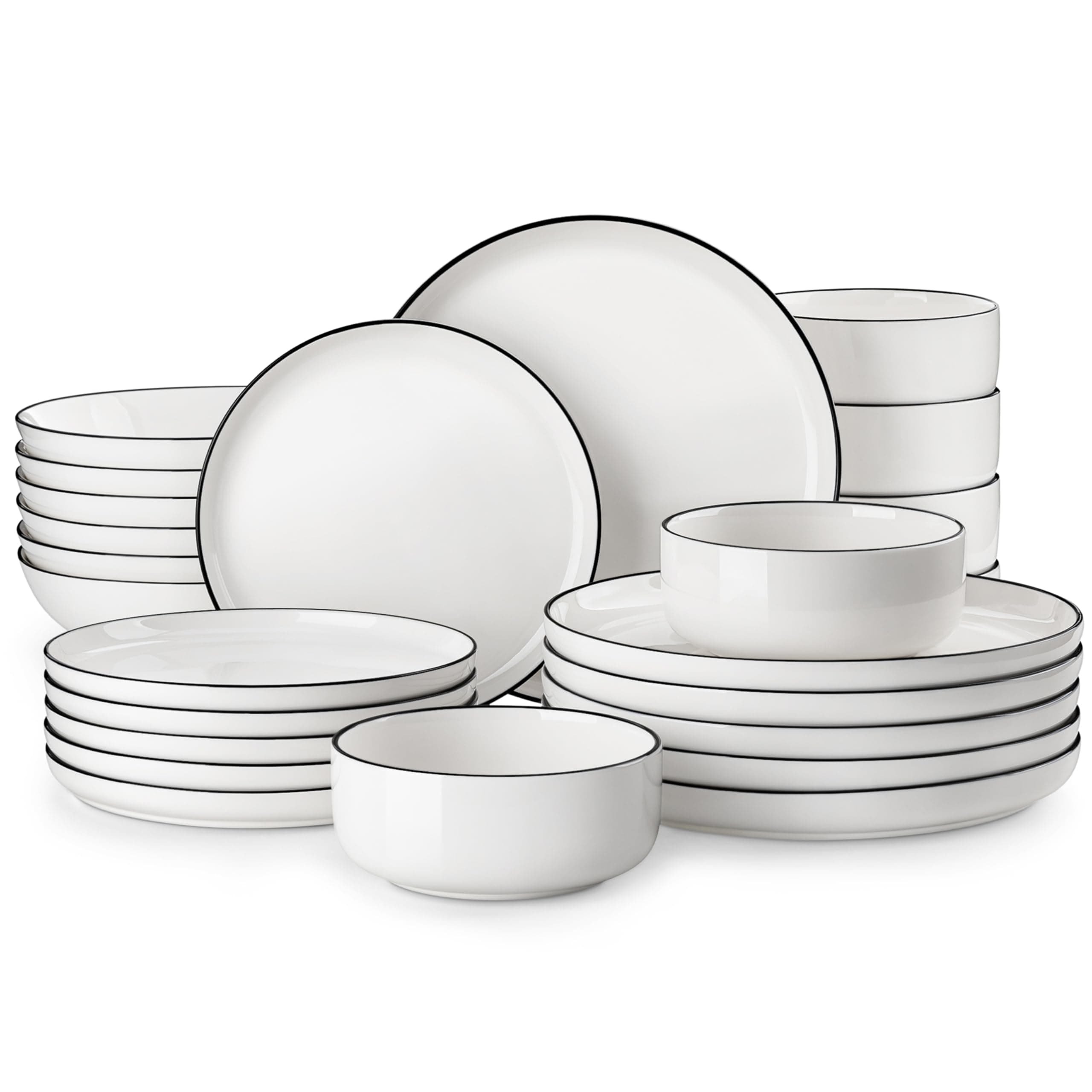 MALACASA Plates and Bowls Sets, 24 Pieces Porcelain Dinnerware Sets Dishware Sets Ceramic Dish Set Dining Dinner Ware Set for 6, White With Black Rim, Series LUNA