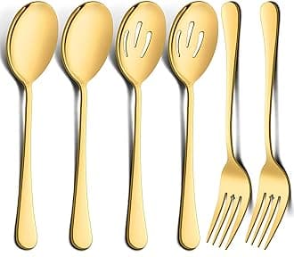 LIANYU 6 Pack Large Gold Serving Spoons and Forks Set, 9.8 Inch Stainless Steel Buffet Catering Party Banquet Serving Spoon Fork, Mirror Finished, Dishwasher Safe