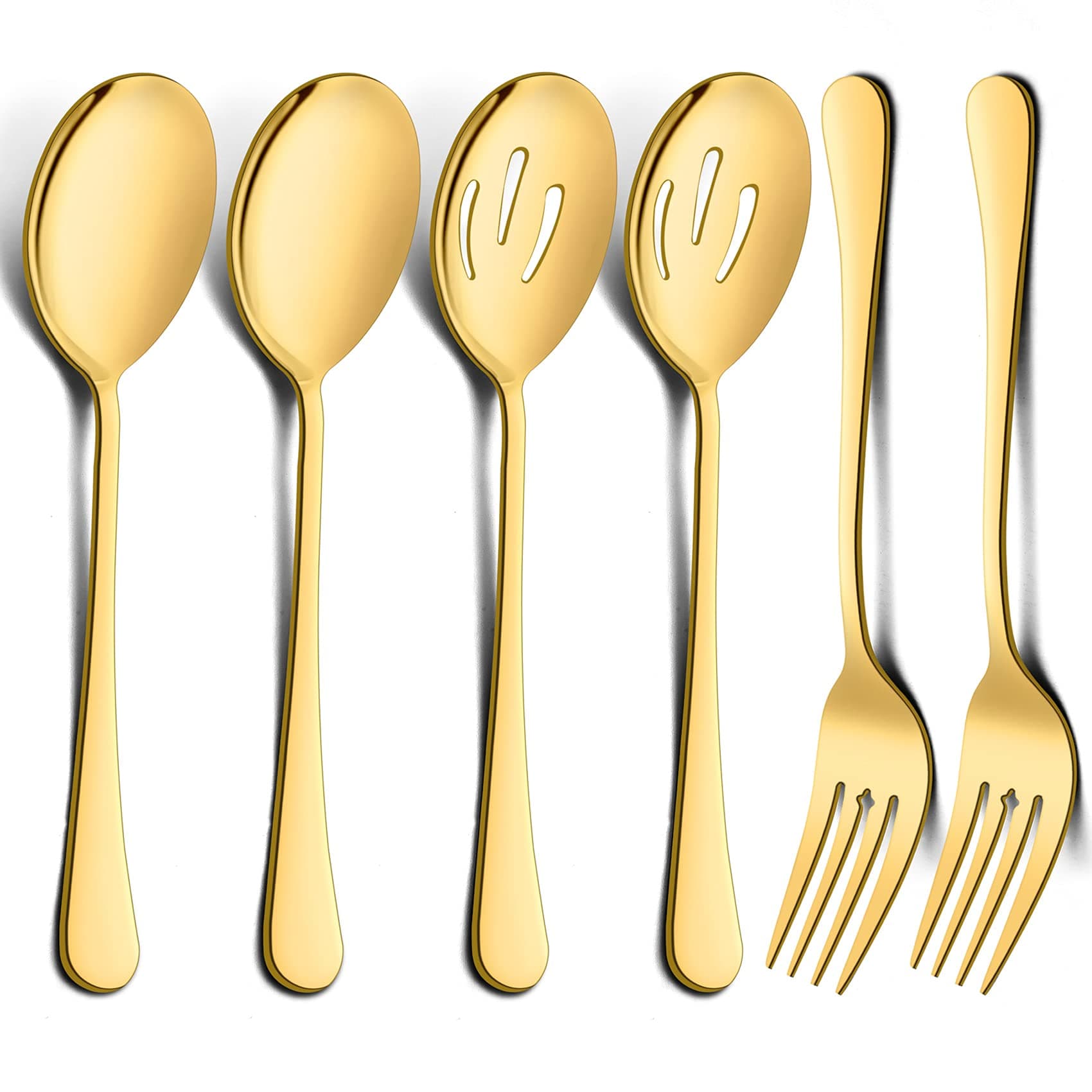 6 Pack Large Gold Serving Spoons and Forks Set, 9.8 Inch Stainless Steel Buffet Catering Party Banquet Serving Spoon Fork, Mirror Finished, Dishwasher Safe