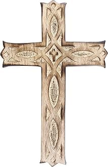 ARTISENIA Wooden Wall Cross Plaque 9" Long Hanging with Hand Carvings Religious Altar Home Living Room Decor