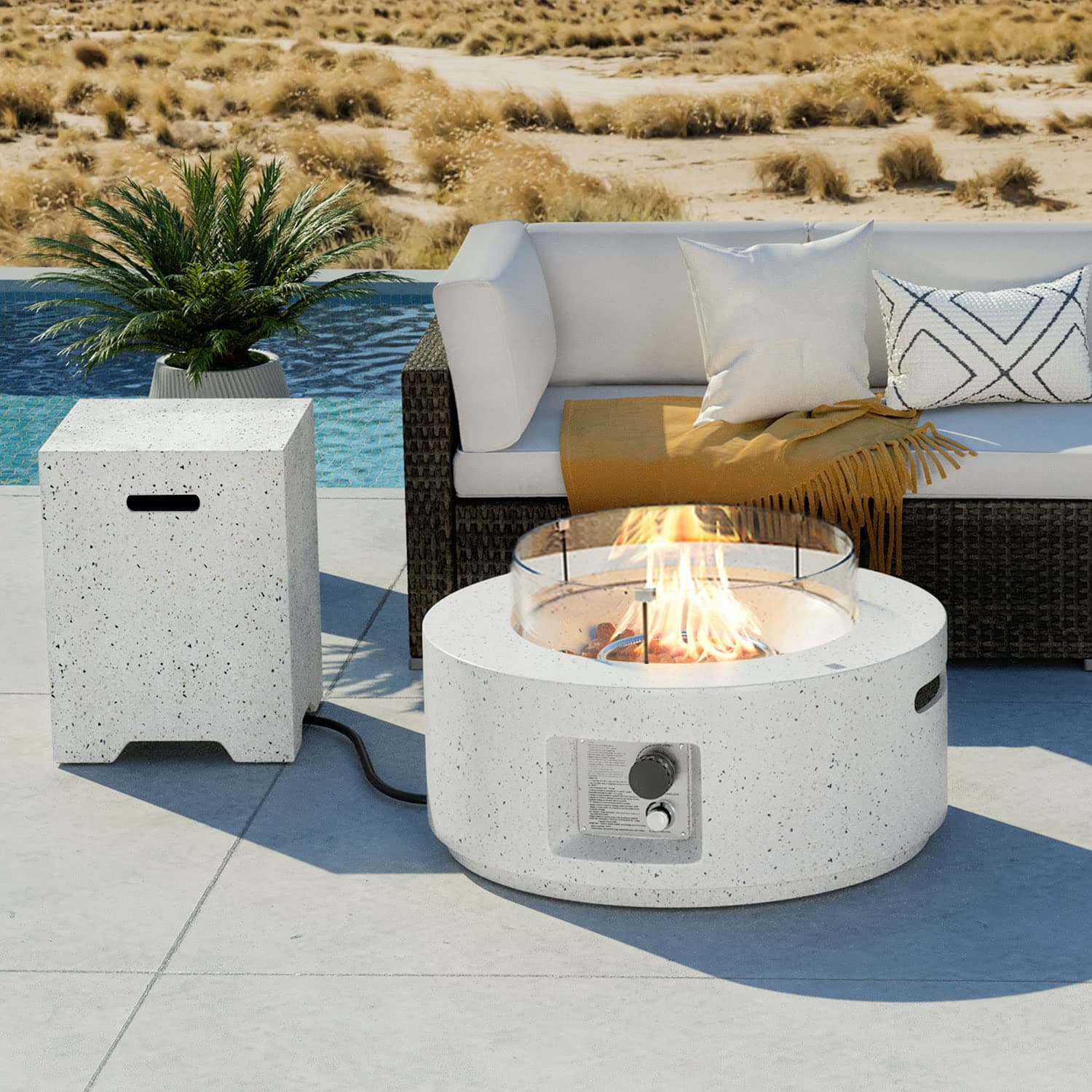 COSIEST 2-Piece Outdoor Propane Fire Pit Table Set w Tank Table, 28" Terrazzo Round Fire Table (Certified, 40,000 BTU) w 16" Tank Cover Side Table 20lb, Wind Guard, Rain Cover for Garden, Pool