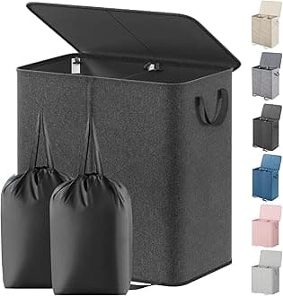 Lifewit Double Laundry Hamper with Lid and Removable Laundry Bags, Large Collapsible 2 Dividers Dirty Clothes Basket with Handles for Bedroom Laundry Room Closet Bathroom College, 136L Black