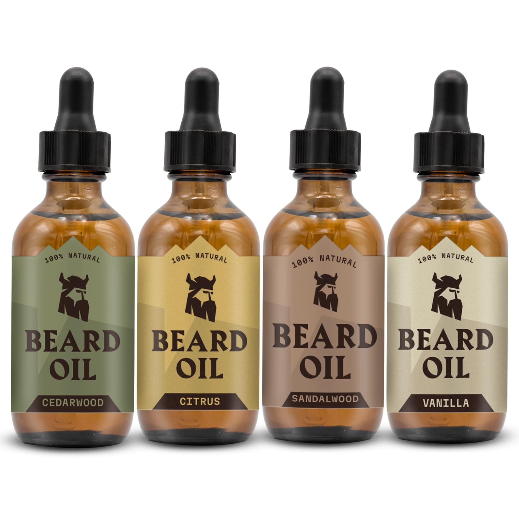 Striking Viking Scented Beard Oil Set Variety Pack 4 - All Natural Citrus, Vanilla, Sandalwood, Cedarwood Scents for Men - Softens, Smooths, Conditions with Organic Tea Tree, Argan, Jojoba Oils by