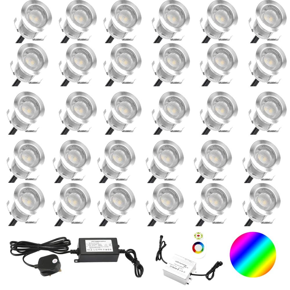 20mm Led decking Lights 12V IP67 Outdoor Lighting Kits 1 Year Warranty 30 Pack RGB Remote Control [Energy Class A]
