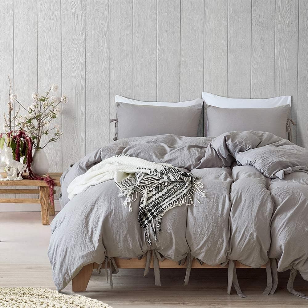 Bedding set king size solid color tie three-piece quilt cover soft old effect anti-fading pillowcase (Color : Gray, Size : 264cm*229cm)
