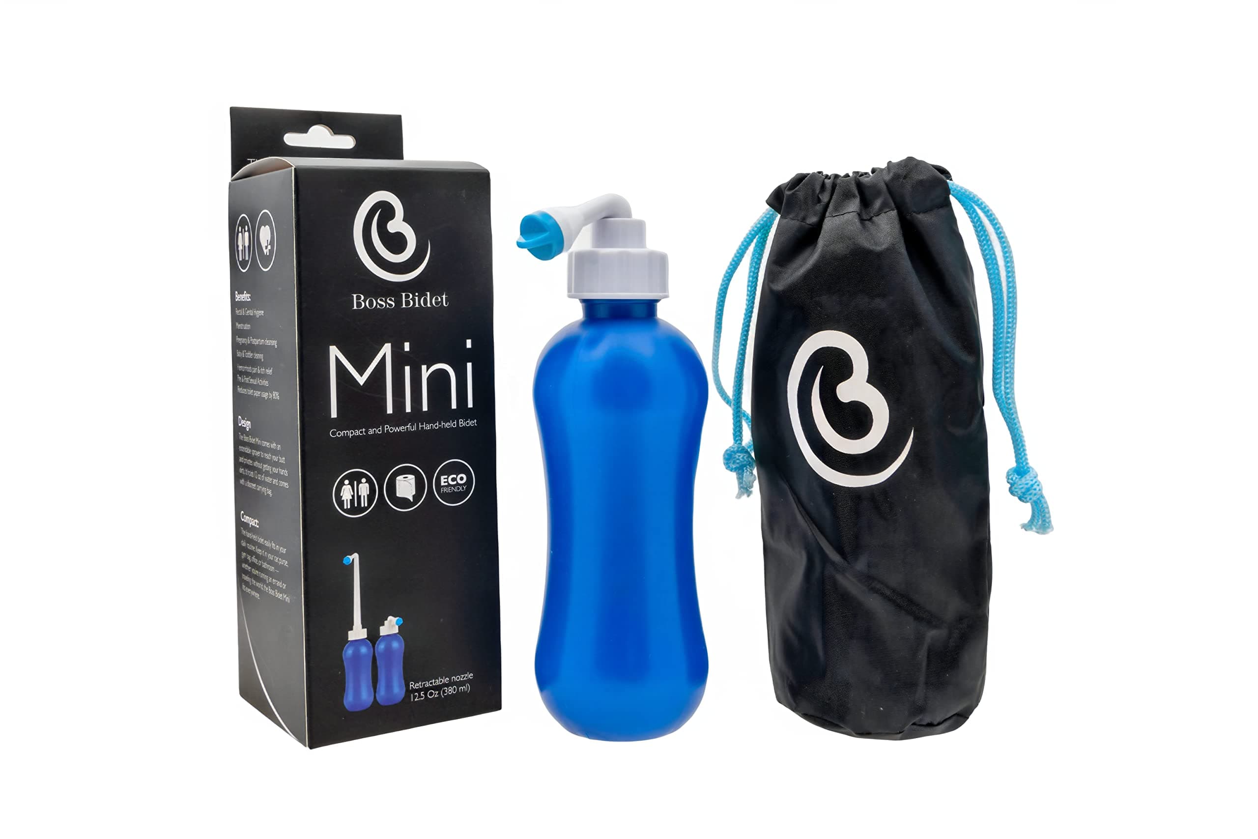 Boss BidetMini - Great Pressure, Easy to use, high Quality. Hot Warm Cold Water. Perfect for Home, Travel, Post partum. Angled Retractable Nozzle, Discrete Bag, Compact 12.5 oz 380 ml Blue