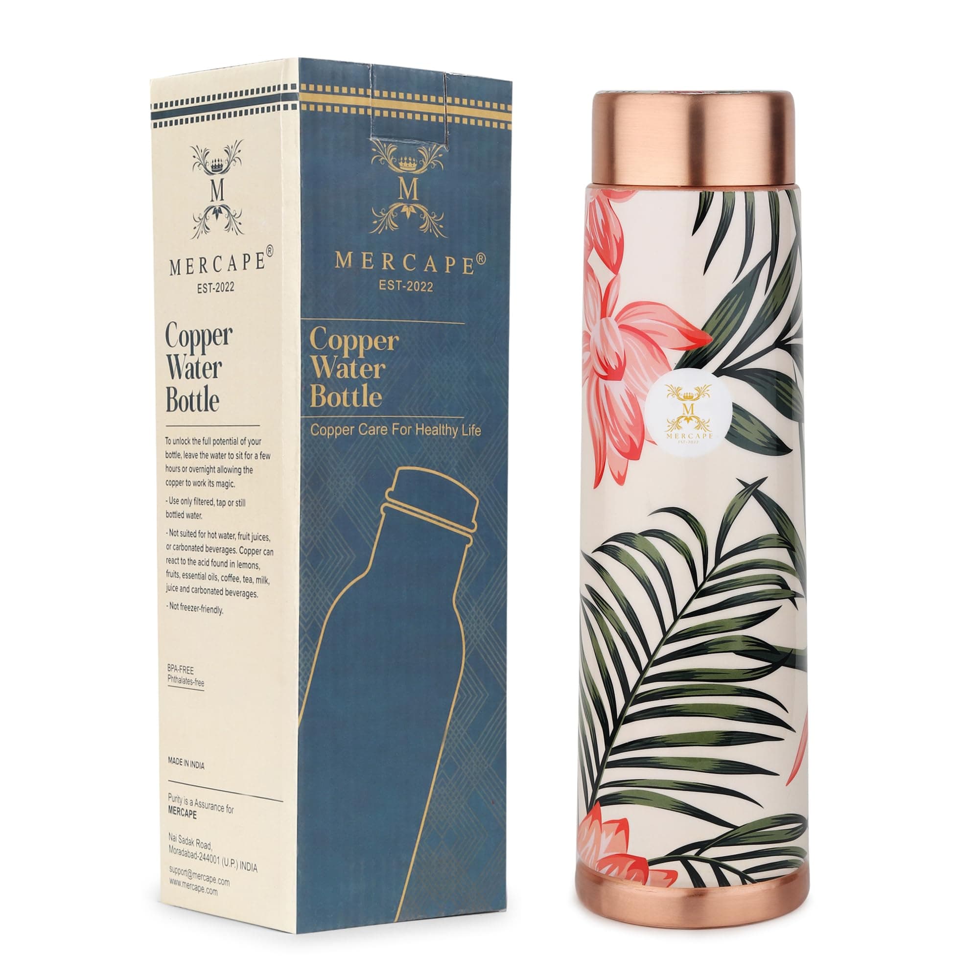 Copper Bottles for Water with Leak Proof Lid | 100% Pure Copper Bottle | BPA Free & Non Toxic | Printed Ayurvedic Copper Bottle for Health Benefits - 950 ML