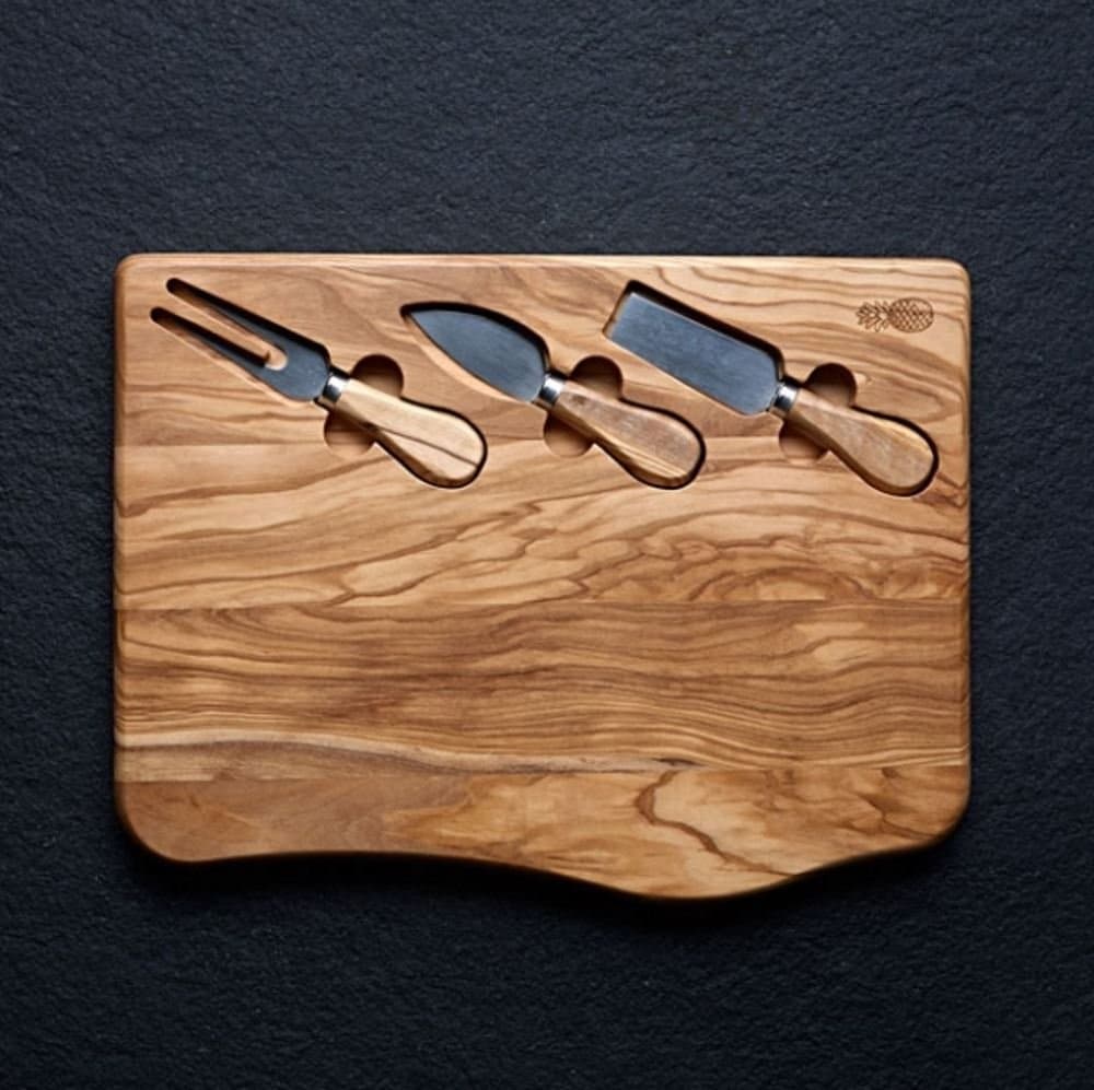 Olive Wood Cheese Board with 3 Piece Cheese Knife Set