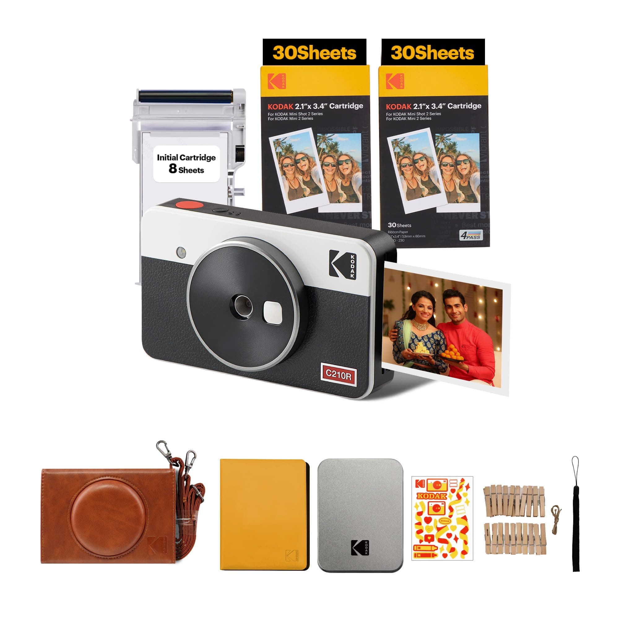 KODAK Mini Shot 2 Retro 4PASS 2-in-1 Instant Camera and Photo Printer (2.1x3.4 inches) + 68 Sheets Gift Bundle, White