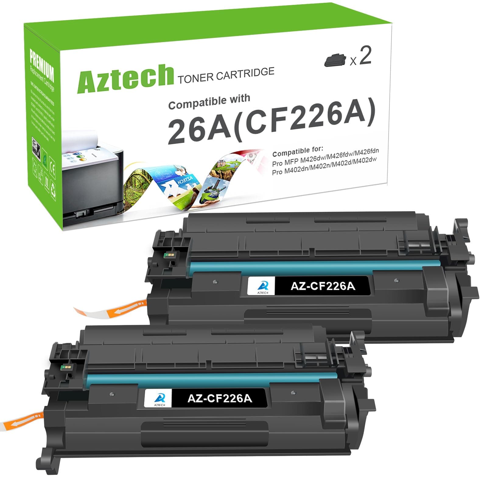 Aztech 26A CF226A Toner Cartridge 2 Pack Compatible Replacement for HP LaserJet 26A CF226A 26X CF226X Pro M402dn M402n M402dw Pro MFP M426fdw M426fdn M426dw Series Printer Ink High Yield Black