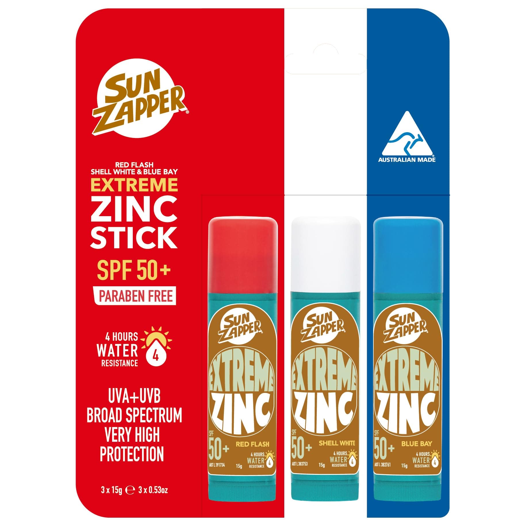 Sun Zapper Extreme Zinc Stick - Red, White, Blue Face Sunblock 3-Pack SPF50+ Coloured Zinc Sunscreen Sticks Made in Australia