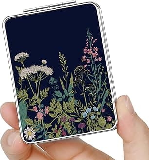 Pocket Mirror, Small Travel Mirror with Magnification, Portable Double-Sided Magnifying Cosmetic Mirror for Daily (Black Flowers)