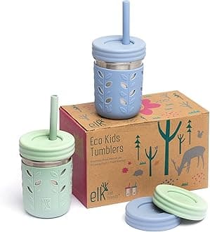 Elk and Friends 10oz Stainless Steel Kids + Toddler Drinking Cups | The Original Mason Jar with Sleeves + Lids | Silicone Straws | Smoothies | Storage Jar | Spill Resistant | Dishwasher Safe | 2 Pack