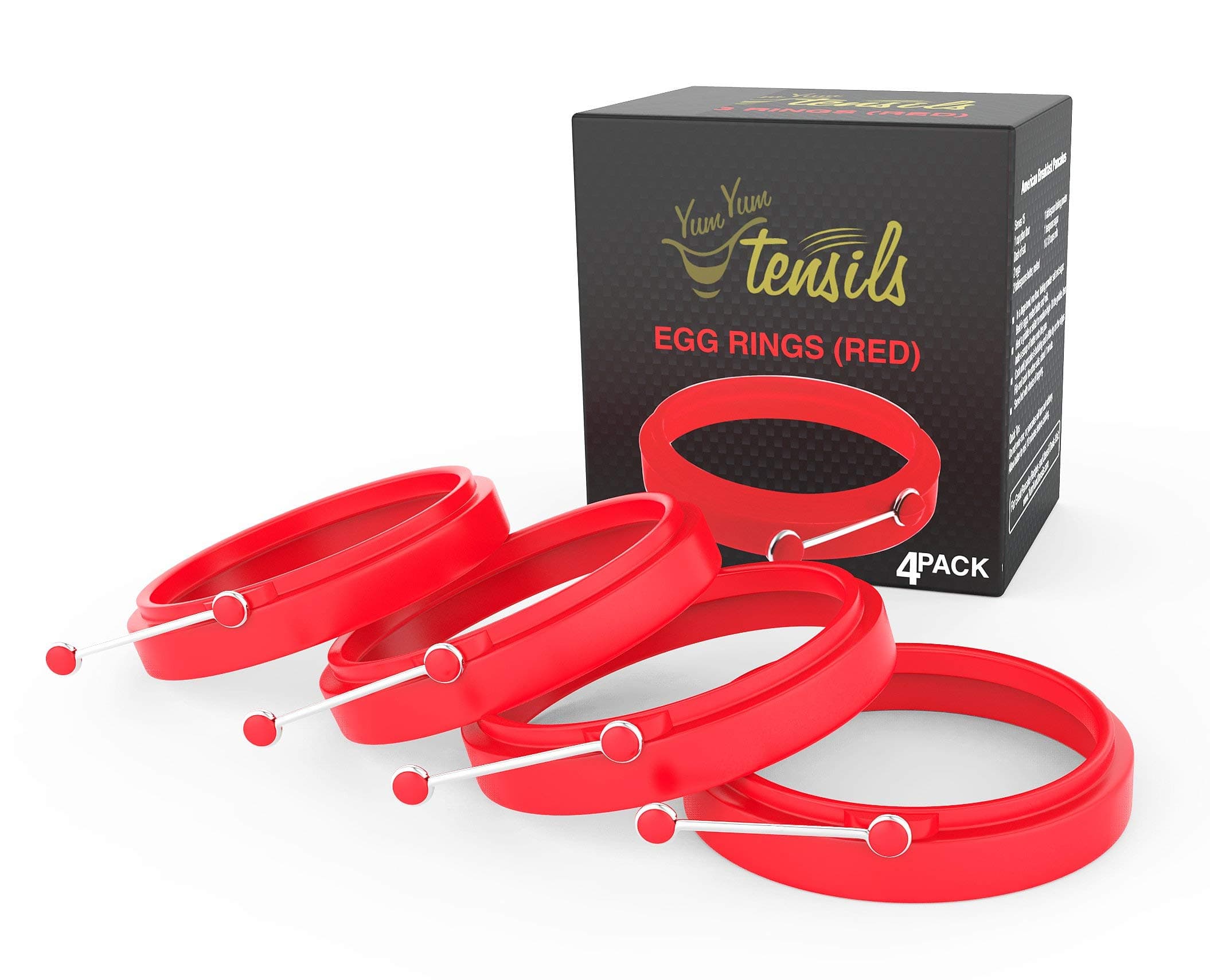 YumYum Utensils Premium Silicone Egg Ring/Pancake Mold. Box of 4 Red Round Nonstick Egg Rings