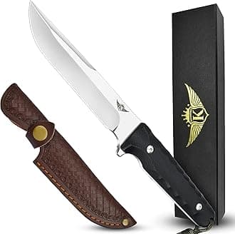KOMWERO Fixed Blade Knife with Leather Sheath, D2 Steel Full Tang Hunting Knife, Non-Slip G10 Handle, EDC Survival Camping Knife for Outdoor Fishing Hiking
