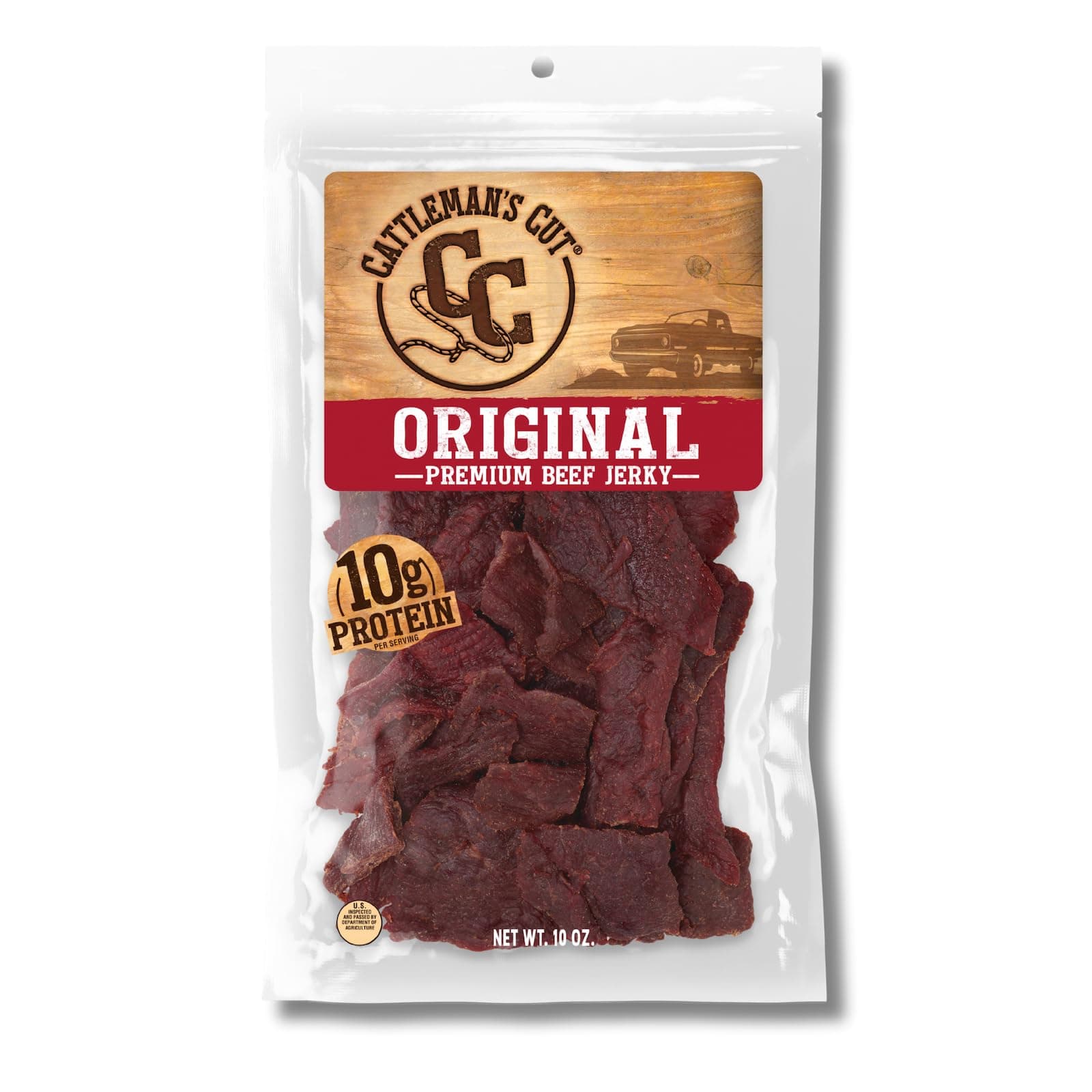 Cattleman's Cut Original Beef Jerky, Premium Marinated Steak High Protein Meat Snacks, Keto Friendly, Gluten Free, Carnivore Travel Snack, Resealable Bag, 10 Ounces