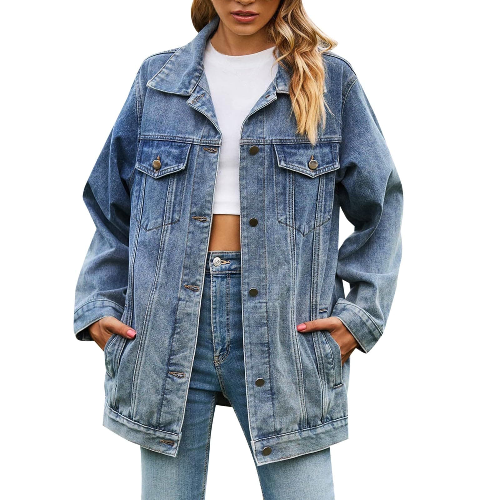 Ladies Slim Retro Classic Loose Denim Jacket Top Oversized Jacket