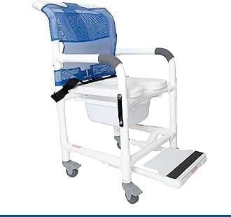 Deluxe Rolling Shower Chair with Wheels & Drop Arms – Padded Seat, Locking Casters, Seat Belt, Sliding Footrest, Commode Pail – 300 lb Capacity – Fits Over Toilet – Institutional Grade | DL-1