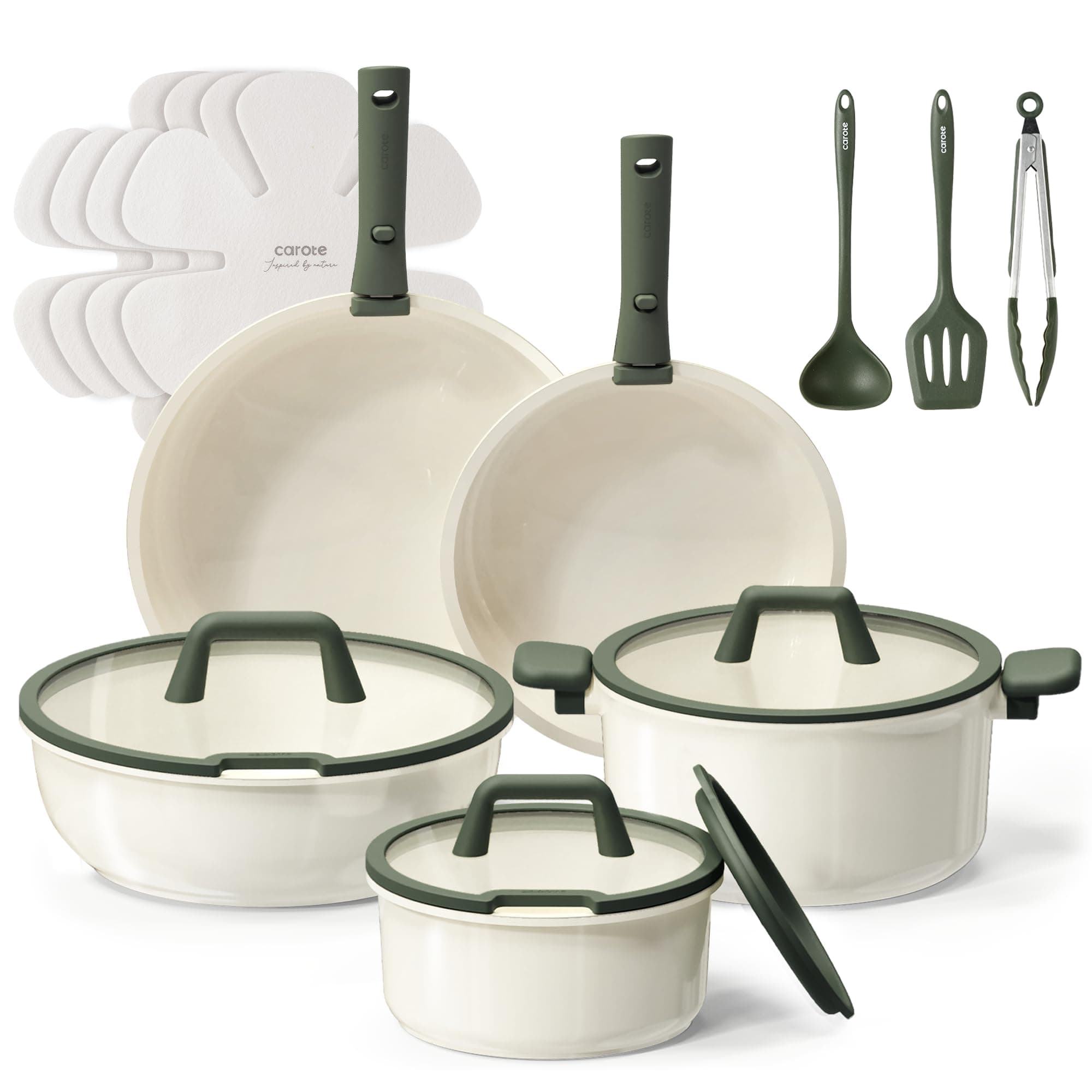 CAROTE18pcs Ceramic Cookware Set, Pots and Pans Set, Induction Nonstick Kitchen,Non Stick RV Cookware Set with Detachable Handle, Dishwasher/Oven Safe, GreenRecycled Claim Standard Blended