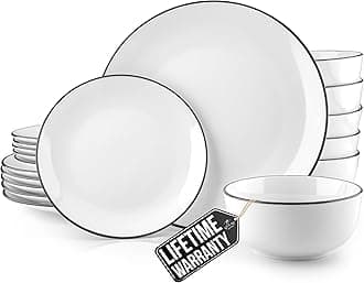 Zulay Kitchen Icon Porcelain Dinnerware Set, Service For 6 - Chip & Scratch Resistant White Plates And Bowls Sets - Microwave & Dishwasher Safe - White With Black Rim