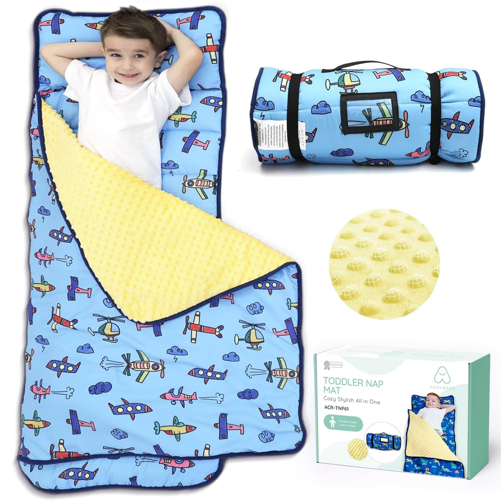 ACRABROS Toddler Nap Mat with Pillow and Blanket, Extra Large Rolled Napping Mats,Slumber Bags for Boys Girls,Kids Sleeping Bag for Daycare, Preschool Travel Camping, Plane, King