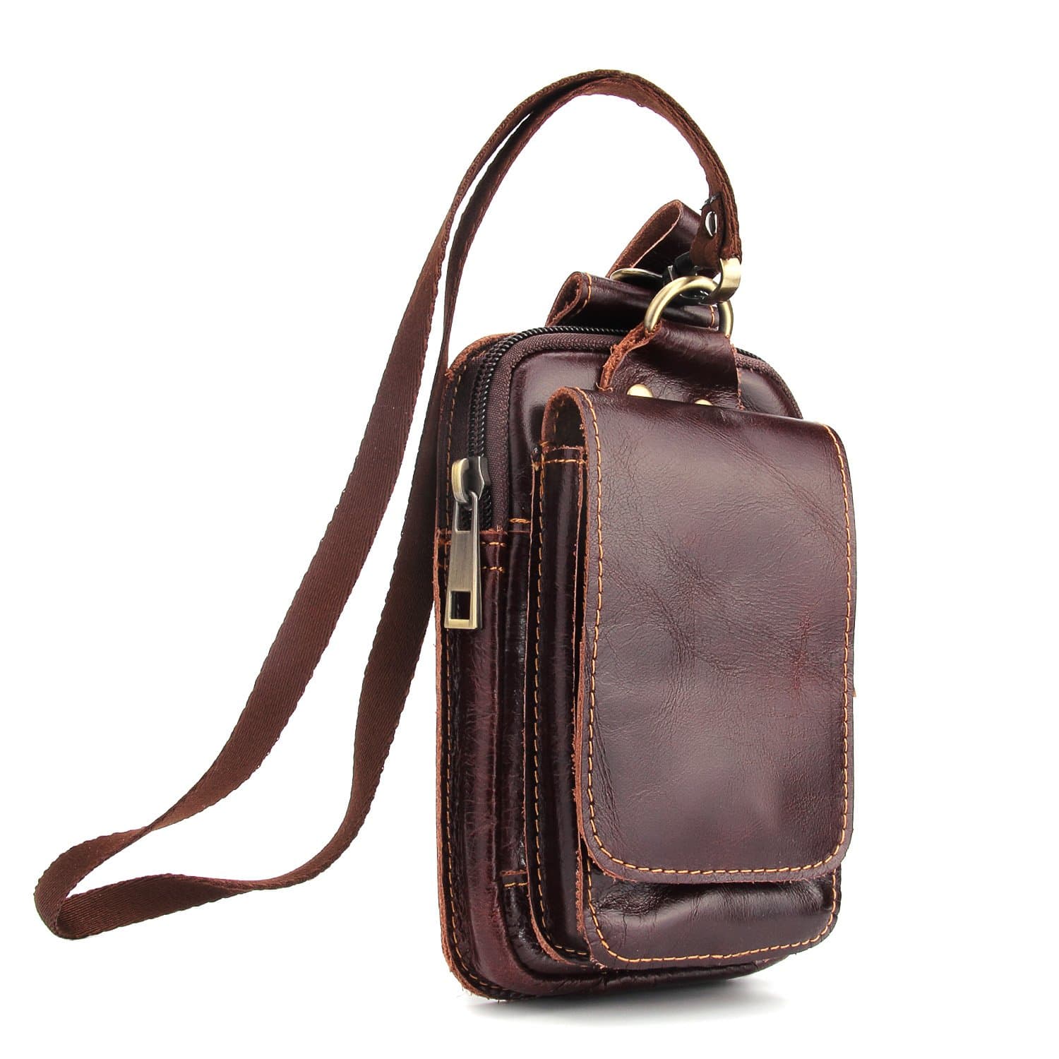 Genuine Leather Vertical Belt Loop Holster Case Belt Waist Bag, Men Small Travel Messager Pouch Pack Cellphone Holster Purse Wallet for Apple iPhone Samsung Galaxy and Other Smartphone (Brown-02)