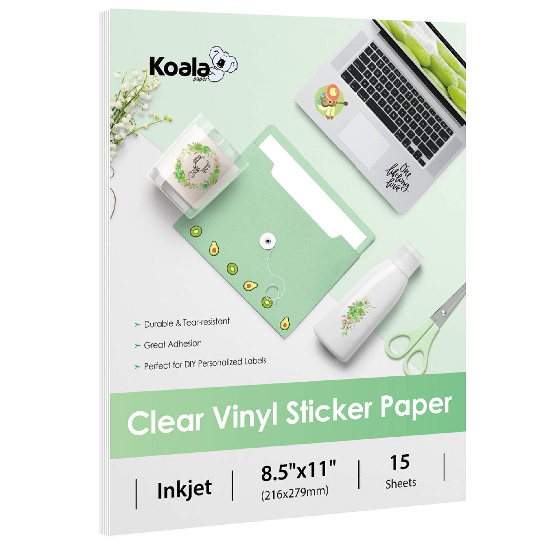 Koala 95% Clear Sticker Paper for Inkjet Printer - Waterproof Printable Vinyl Sticker Paper - 8.5x11 Inch, 15 Sheets, Transparent Glossy - Easy to Use for DIY Personalized Decals