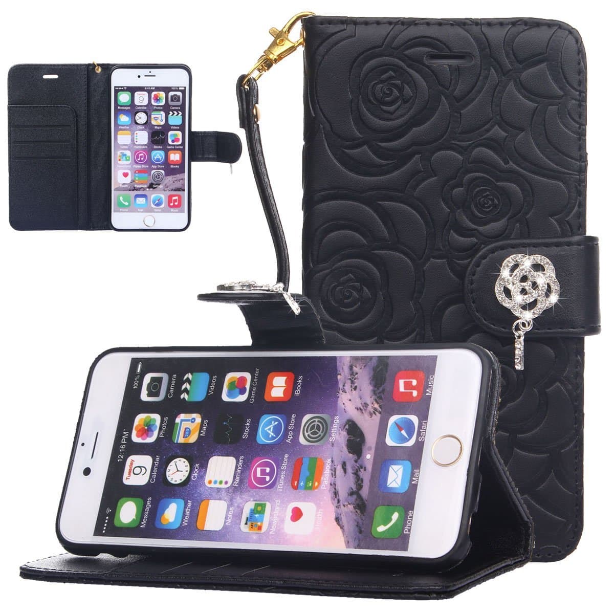 iPhone 5 5s 5c Case,Amter Luxury Vintage Emboss Floral Flower Pattern Card Slots Leather Wallet Diamond Case Cover with Wrist Strap for Apple iPhone 5 5S 5C (Black)