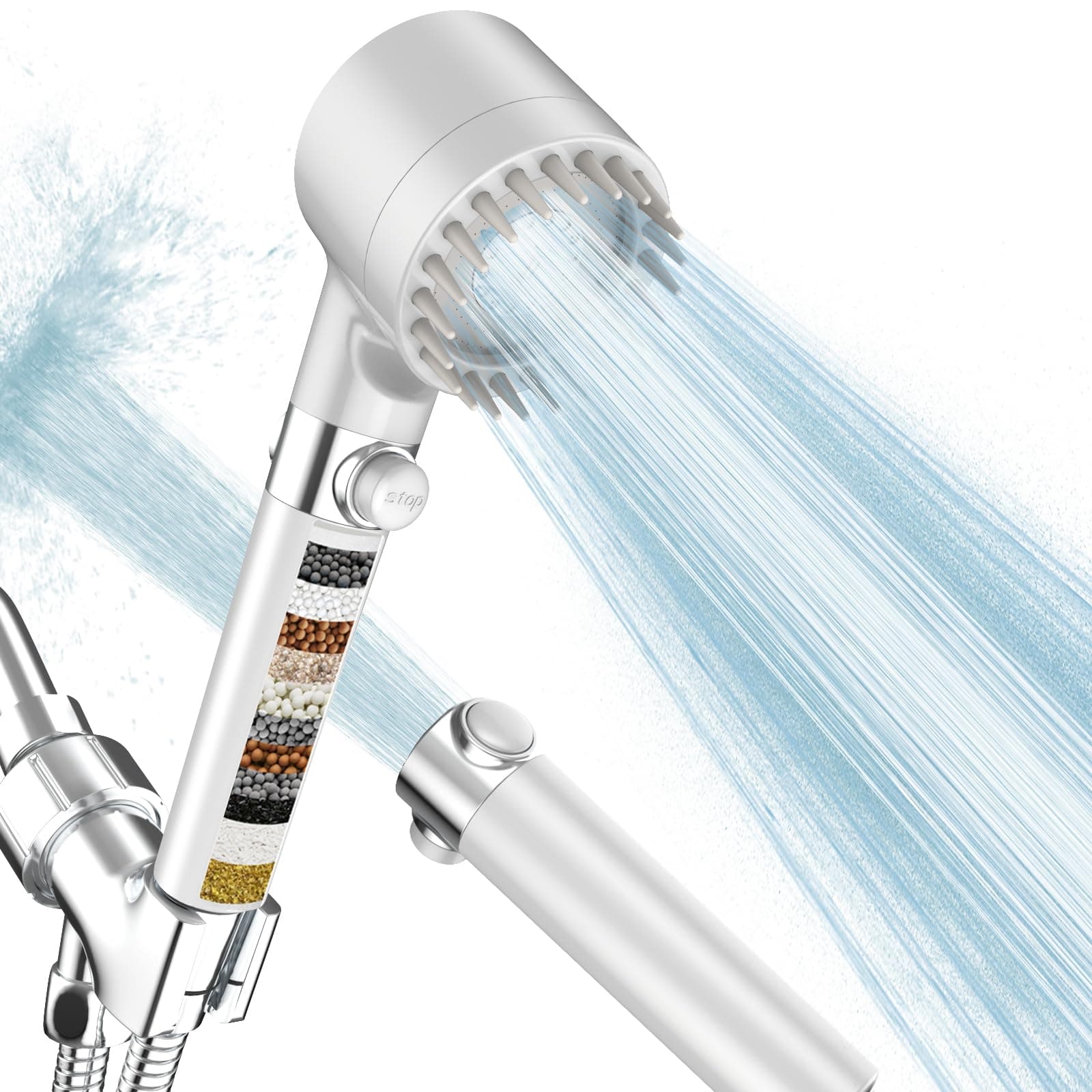 Filtered Shower Head with Handheld, High Pressure 3 Spray Modes Shower Head with 18 Phase Water Softener Filters for Hard Water - Handheld Shower Head - Chlorine Removal-White