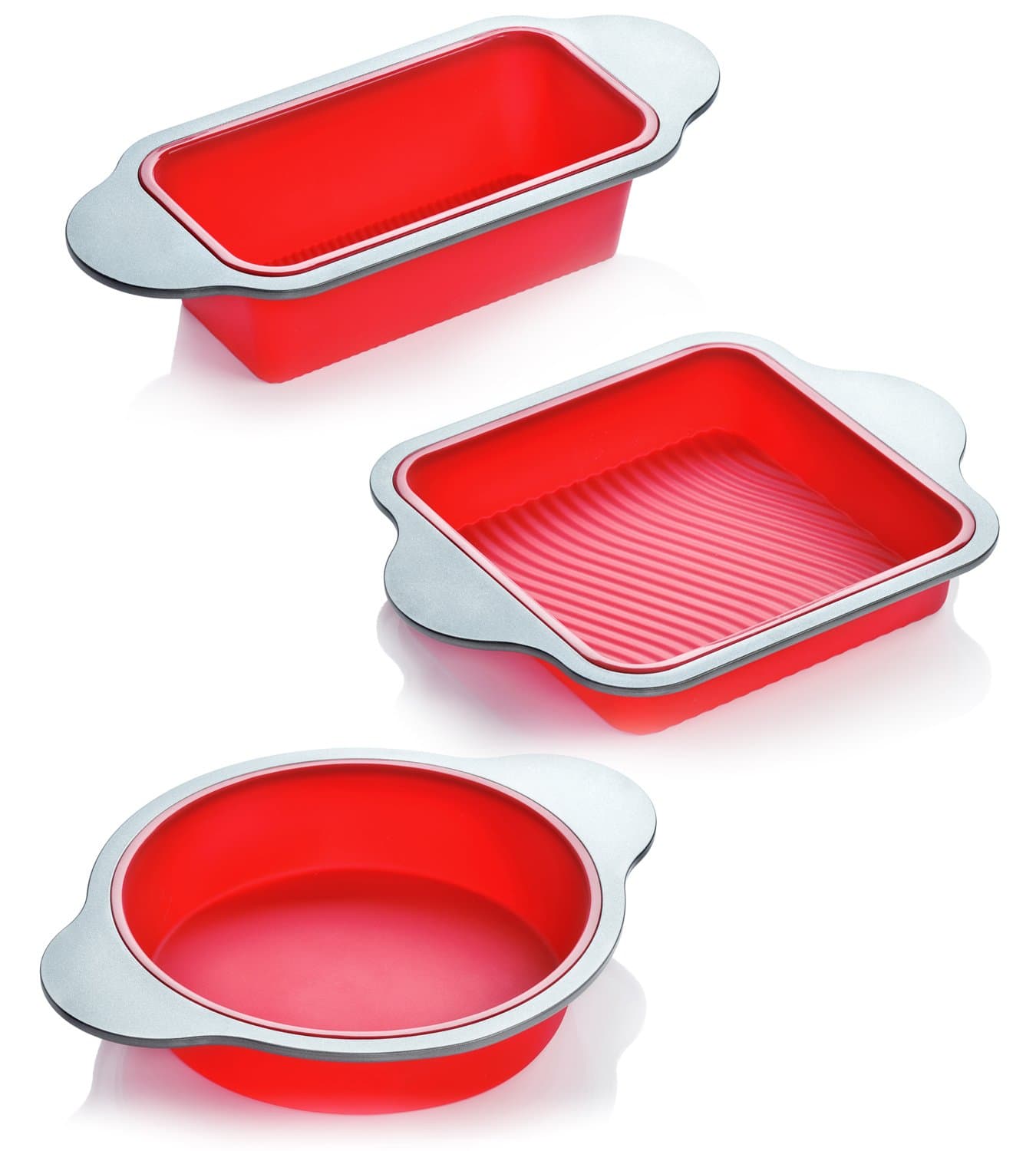 - Silicone Baking Pans Set. 3 PCS Professional Non-Stick Baking Cake Pans Set includes Silicone Round Cake Pan, Square Cake Pan and Bread Loaf Pan.